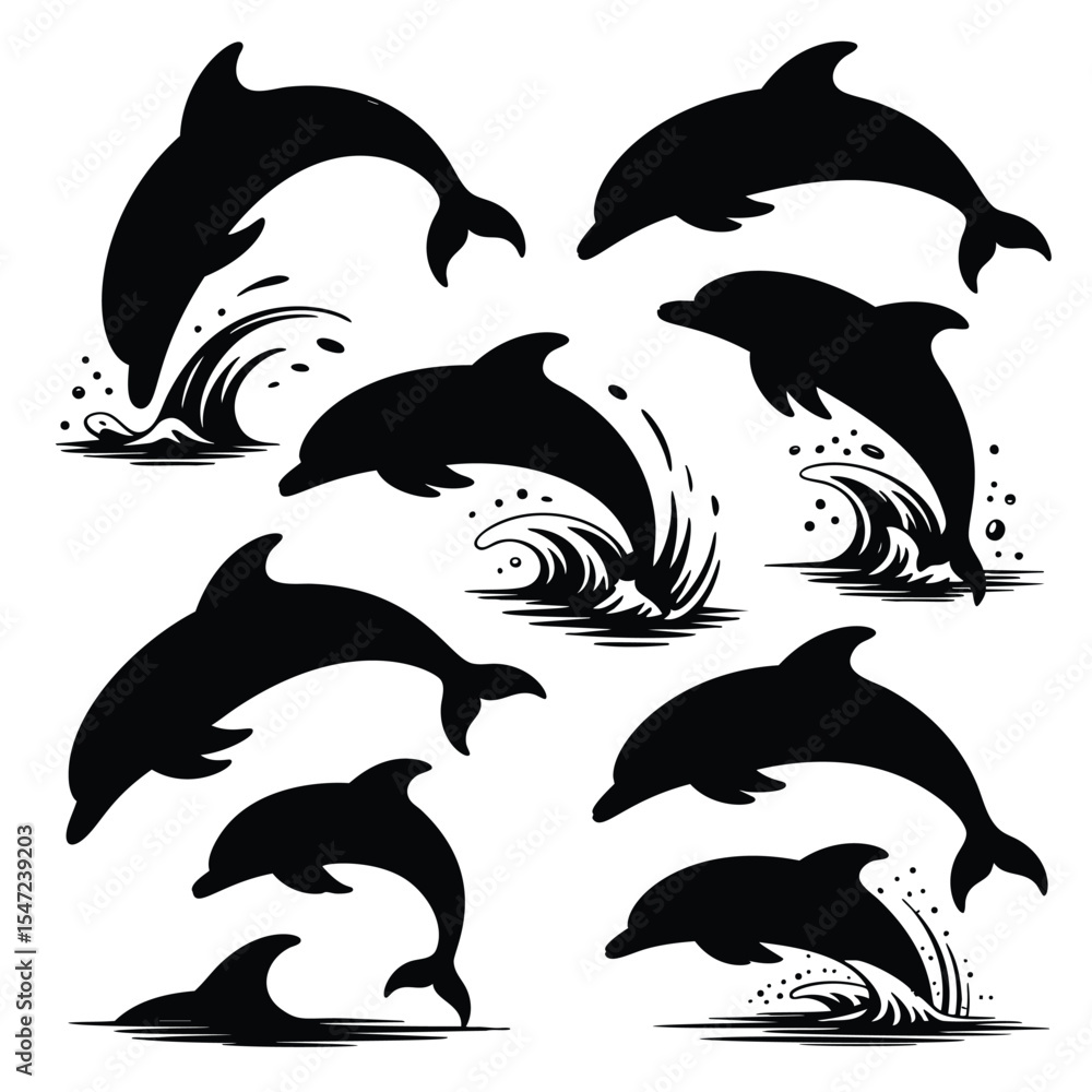 Fototapeta premium Eight Dolphins Leap and Play: Ocean Silhouette Collection