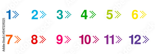 colorful twelve bullet points, from 1 to 12 dotted triangle arrow markers, vector infographics elements