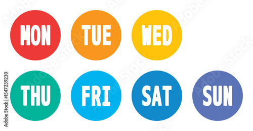 colorful seven week days bullet points, from monday to sunday solid round markers, vector infographics elements