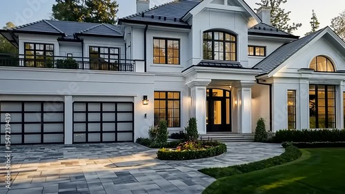 Elegant modern mansion with large windows, landscaped garden, and paved driveway during sunset