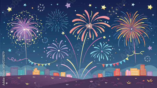 fireworks over city Colorful vector illustration of festive fireworks with stars and sparks perfect for holiday banners, celebration posters, and greeting cards.