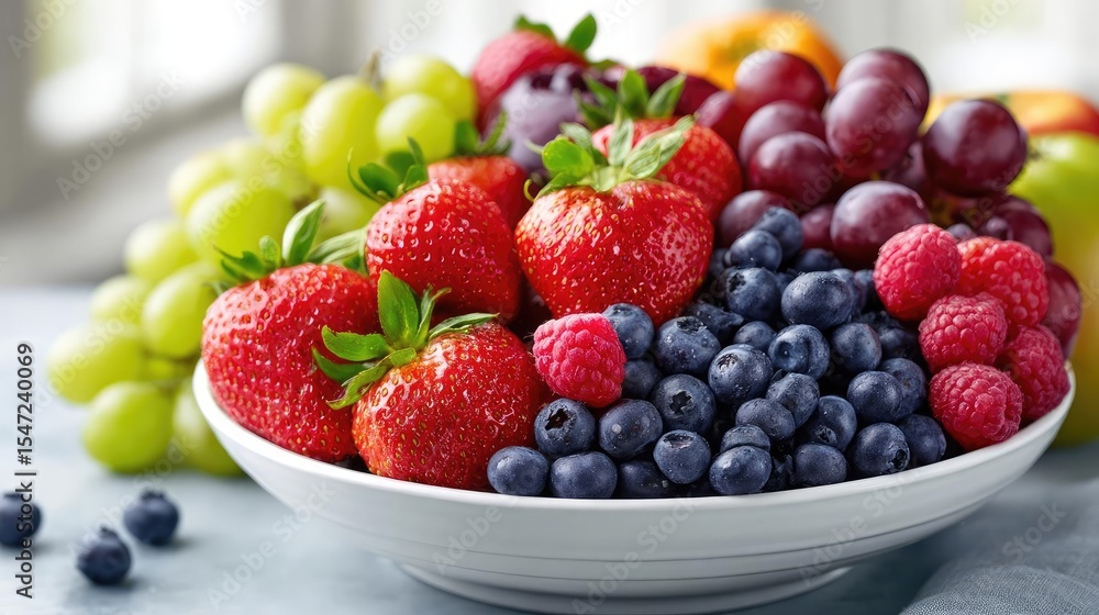Cut added sugar through low habit and detox plan concept. A vibrant bowl of fresh fruits, showcasing strawberries, grapes, and blueberries. Cut added sugar through low habit and detox plan concept. A vibrant bowl of fresh fruits, showcasing strawberries, grapes, and blueberries.