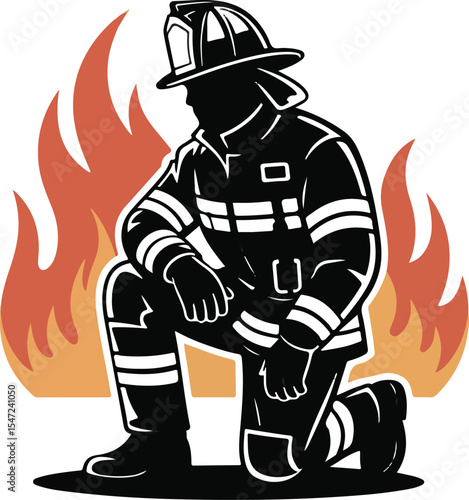Firefighter kneeling vector illustration silhouette