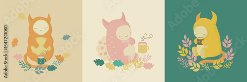 Set of cartoon cute illustrations with friendly monsters at a cozy tea time in the forest. The drawings include kind characters, cups of tea, coffee or hot chocolate.