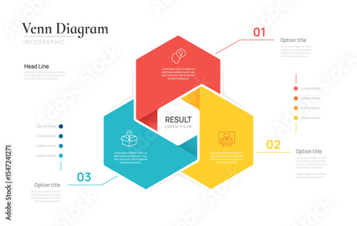 Venn diagram business infographic circle chart template 3 options steps, presentation with venn diagram elements vector illustration.