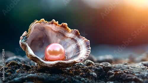 Vibrant pink pearl rests inside an open oyster shell on textured ground with soft warm light