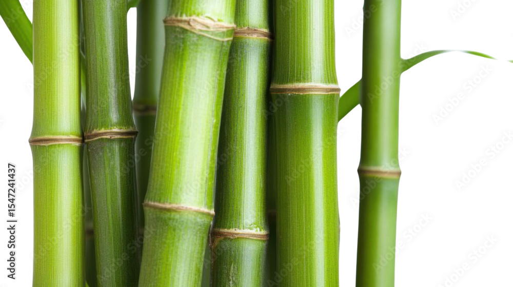 Fototapeta premium Tall green bamboo stalks with dense lush forest background isolated on white background