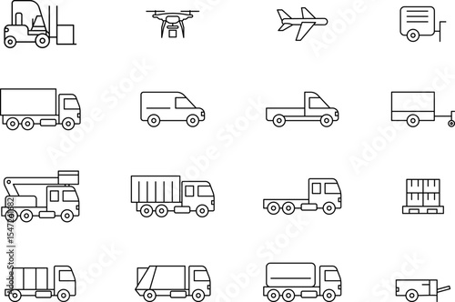 Commercial vehicles line icon set. Vector pictograms collection of container, pallet, forklift, plane, drone, helicopter, ship, train, cargo truck, warehouse.