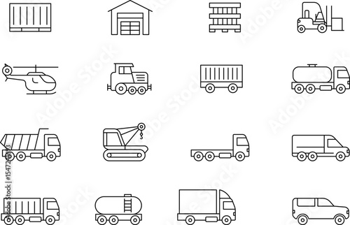 Commercial vehicles line icon set. Vector pictograms collection of container, pallet, forklift, plane, drone, helicopter, ship, train, cargo truck, warehouse.