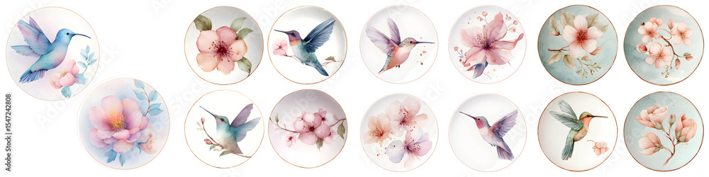 Obraz premium Watercolor Hummingbird and Flower Designs: Elegant Circular Art