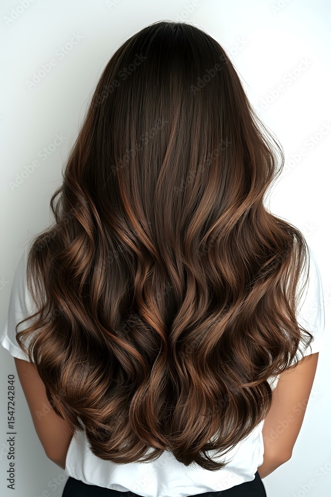 Back view of long wavy brunette hair with subtle caramel balayage highlights styled in loose curls showing professional salon result against white background. Back view of long wavy brunette hair with subtle caramel balayage highlights styled in loose curls showing professional salon result against white background.