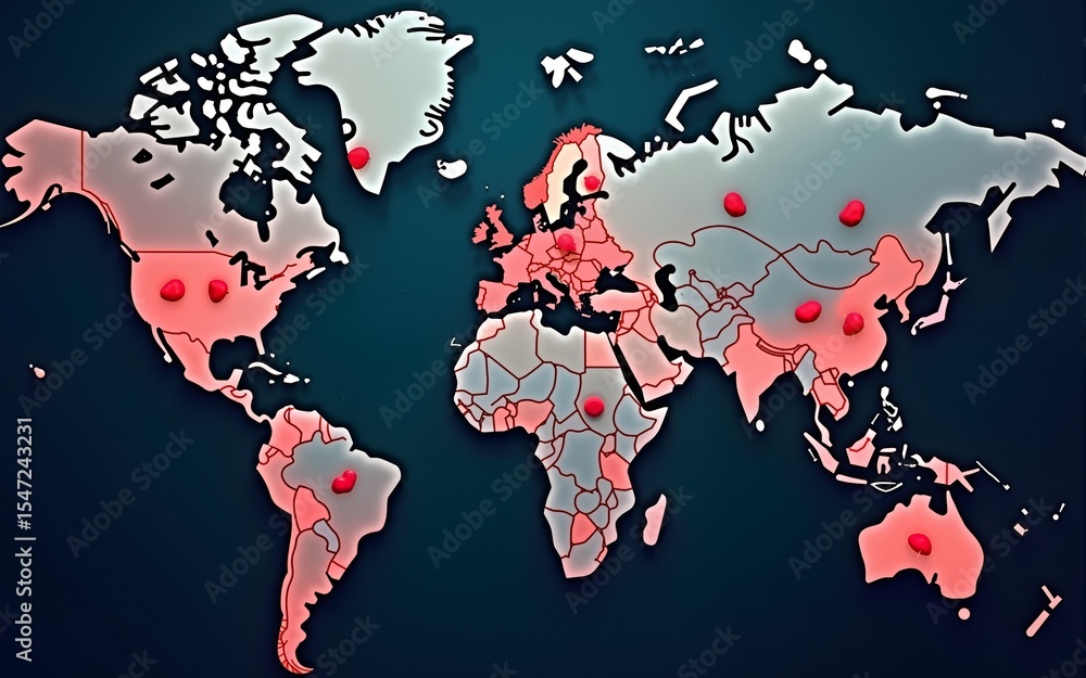 An artistic image of a world map with livershaped icons marking hepatitis research centers. High quality An artistic image of a world map with livershaped icons marking hepatitis research centers. High quality