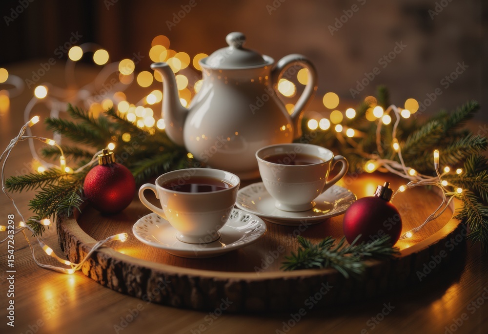 Holiday tea set on a wooden tray surrounded by fairy lights and ornaments Holiday tea set on a wooden tray surrounded by fairy lights and ornaments