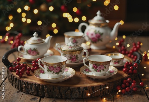 Wallpaper Mural Holiday tea set arranged on a wooden tray with fairy lights and festive decor Torontodigital.ca