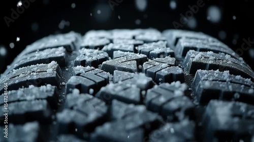 A detailed close-up of a winter tire covered in snowflakes on a black background, emphasizing the tread pattern and texture for winter driving safety 
