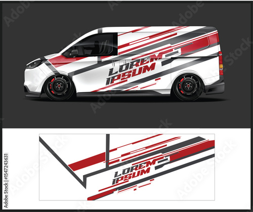 White Delivery Van with Abstract Red and Gray Racing Stripe Graphics