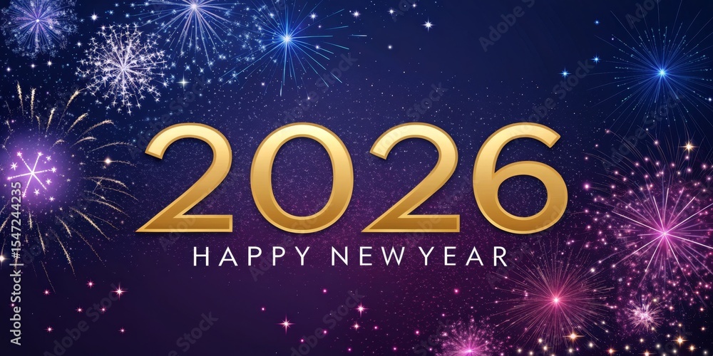 Naklejka premium 2026 Happy New Year Gold Numerals and Fireworks, New Year's Eve Celebration, Festive Design, Purple Background New Year, 2026