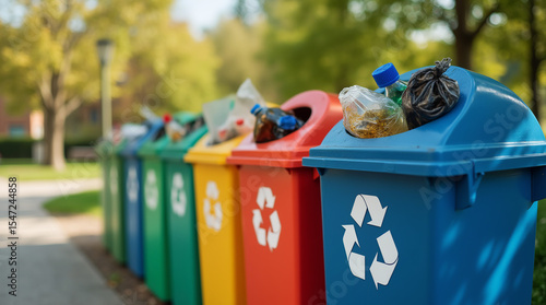 Three clearly labeled, brightly colored recycling bins (blue for Plastic, yellow for Paper, and green for Glass) stand side-by-side on a paved area, with green grass and trees in the background.