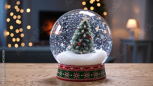 Classic snow globe with a decorated Christmas tree inside resting on a wooden table, surrounded by warm ambient holiday lights, symbolizing nostalgia, magic, and festive holiday tradition