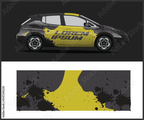 Car Wrap Design with Abstract Splatter Pattern in Yellow and Black