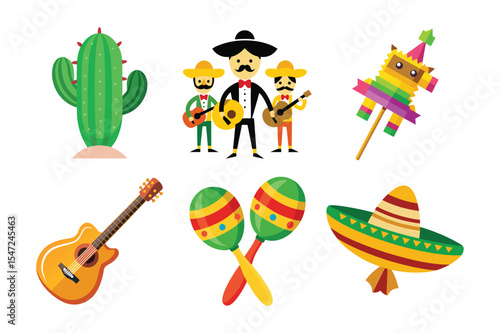 Vibrant mexican culture elements collection including mariachi band cactus pinata guitar and maracas