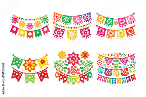 Collection of colorful festive papel picado bunting decorations for celebrations and events