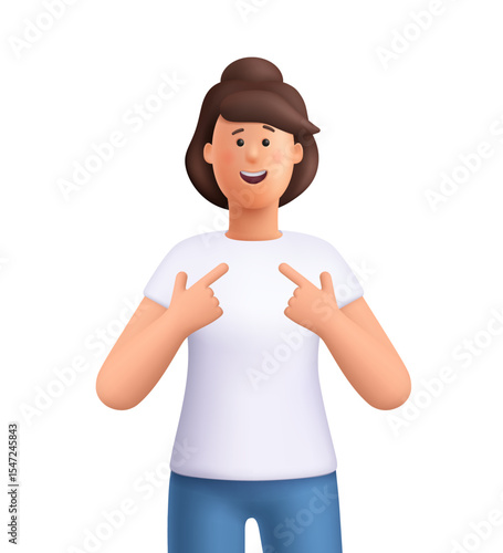 Young smiling woman Jane pointing at herself with both hands. Suggesting pride, confidence and achievement concept. 3d vector people character. Cartoon minimal style.