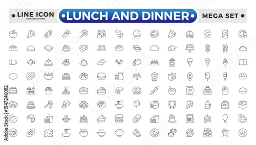 Lunch and Dinner Outline icon collection. Meal icon set. Containing food, lunch, eat, dinner, pasta, rice, pizza, salad, soup, breakfast and more. Editable stroke outline icon.
