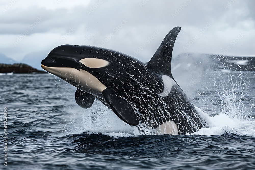 Obraz premium A killer whale leaping out of the water with splashes on a cloudy day near some rocky islands