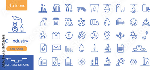 Oil industry line icons featuring energy production and related symbols