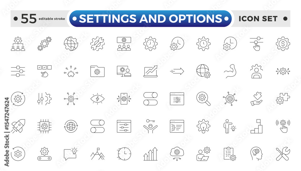 Settings and Options icon vector set. Containing software update, configuration, customization, options, maintenance, progress bar, upgrade, settings, installation. Editable stroke outline icon. Settings and Options icon vector set. Containing software update, configuration, customization, options, maintenance, progress bar, upgrade, settings, installation. Editable stroke outline icon.