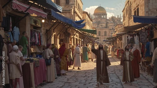 Wallpaper Mural Jesus Christ walking through historic Jerusalem marketplace surrounded by people in traditional biblical-era clothing, depicting blessing, ministry, and ancient cultural life Torontodigital.ca