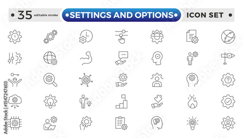Settings and Options icon vector set. Containing software update, configuration, customization, options, maintenance, progress bar, upgrade, settings, installation. Editable stroke outline icon.