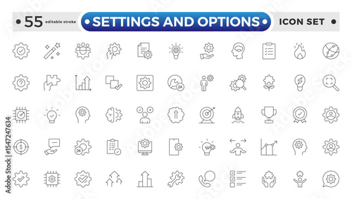 Settings and Options icon vector set. Containing software update, configuration, customization, options, maintenance, progress bar, upgrade, settings, installation. Editable stroke outline icon.