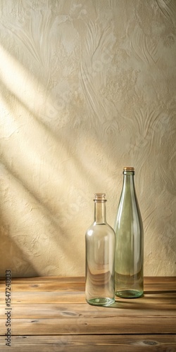 Wallpaper Mural Light beige background with subtle light and shadows pattern featuring a natural wood table and two vintage glass bottles Torontodigital.ca