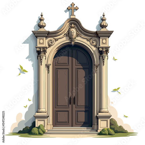 Elegant Church Entrance with Ornate Stone Archway and Wooden Doors Illustration, Symbolic of Faith and Architectural Grandeur