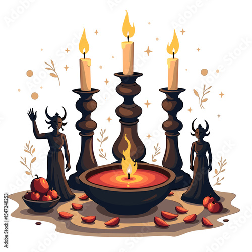 Mystical Candlelight Ritual Illustration with Demon Statues and Floating Petals for Spiritual Practice