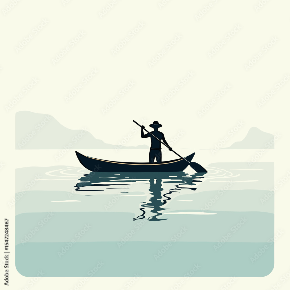 Fototapeta premium Serene Silhouette of a Person Rowing a Boat on Calm Waters with Distant Mountains, a Peaceful Scene