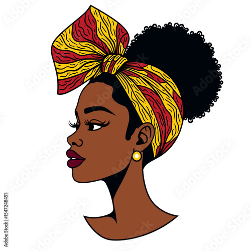 Beautiful African American Woman with Head Wrap and Afro Hairstyle Illustration in Vector Art