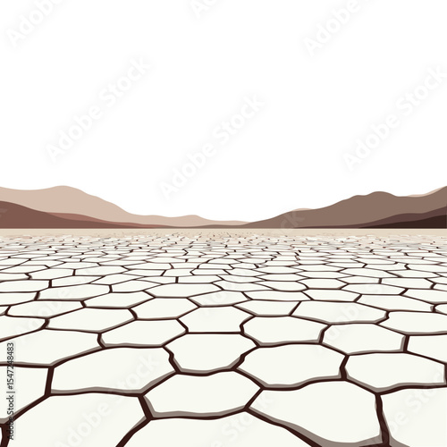 Dry Cracked Earth Landscape with Distant Mountains, Vector Illustration of Arid Environment and Drought Conditions