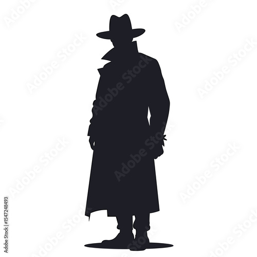 Silhouette of a Mysterious Man in a Trench Coat and Fedora Hat, Vector Illustration