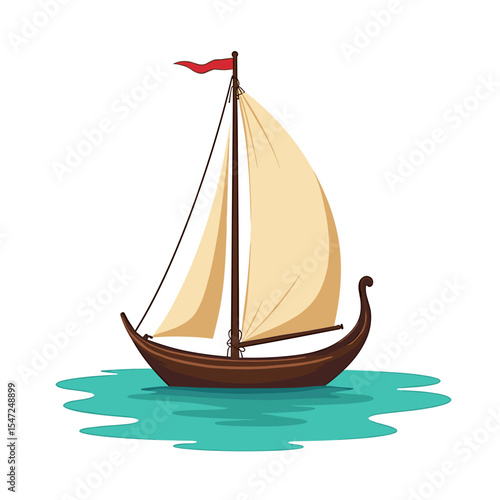 Illustration of a Viking Longship Sailing on Turquoise Water with a Red Flag Waving