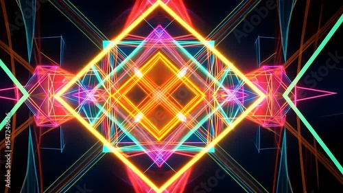 Vibrant geometric patterns of neon lights intersecting against a dark background, creating dynamic energy