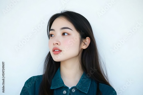 Thoughtful Young Woman with Long Dark Hair Against Neutral Background