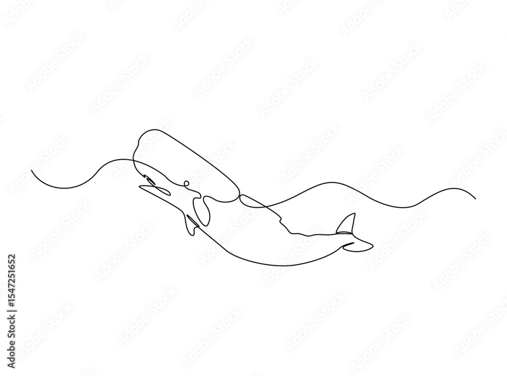 Obraz premium Cachalot or sperm whale in single outline illustration. Continuous line art drawing of sperm whale in the sea. Editable stroke.