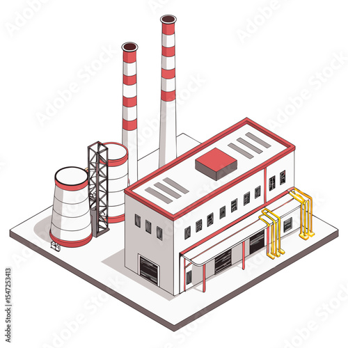 vector of a manufacturing facility with chimneys, conveyors, and control rooms, clean isometric style, white background
