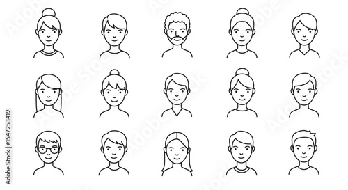 Diverse minimalistic line art portraits showcasing various hairstyles and features