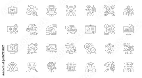 Collection of linear icons representing human resources and recruitment concepts