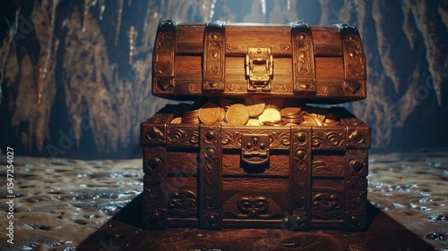 Old treasure chest beginning to open inside shadowy cave, glowing slightly, representing secrecy, ancient wealth, mystery, anticipation, and hidden treasure lore