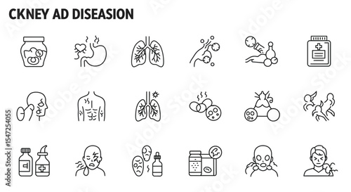 Outline icon set of chronic kidney disease and associated health conditions